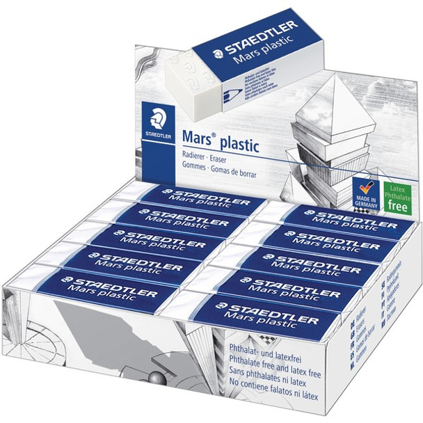 Staedtler Mars Plastic White Eraser - White - Plastic - 2.5" Width x 0.5" Height x 0.9" Depth x - 20 / Box - Latex-free, Non-smudge, Smear Resistant, Tear Resistant