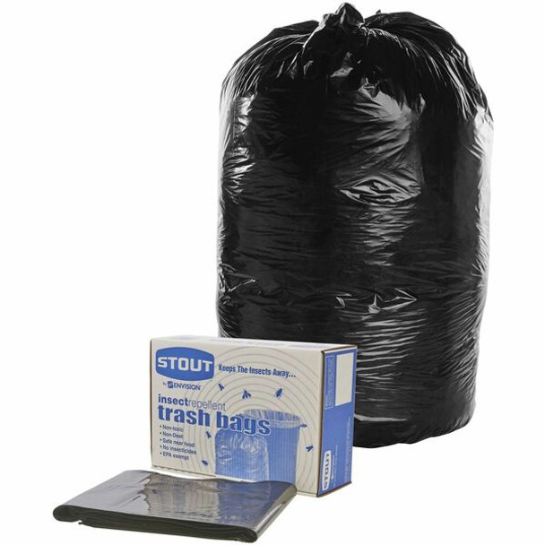 Stout Insect Repellent Trash Bags - 35 gal Capacity - 33" Width x 40" Length - 2 mil (51 Micron) Thickness - Black - Polyethylene - 80/Carton - Recycled