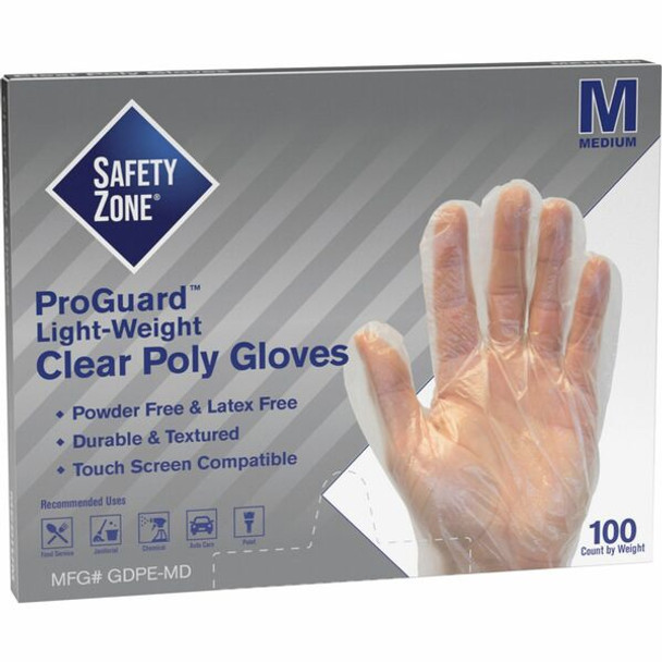 Safety Zone Clear Powder Free Polyethylene Gloves - Medium Size - Clear - Die Cut, Heat Sealed Edge, Embossed Grip, Latex-free, Silicone-free, Recyclable - For Food - 100 / Pack - 11.75" Glove Length