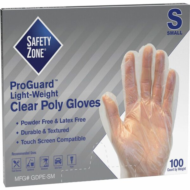 Safety Zone Clear Powder Free Polyethylene Gloves - Small Size - Clear - Die Cut, Heat Sealed Edge, Embossed Grip, Latex-free, Silicone-free, Recyclable - For Food - 100 / Pack - 11.75" Glove Length