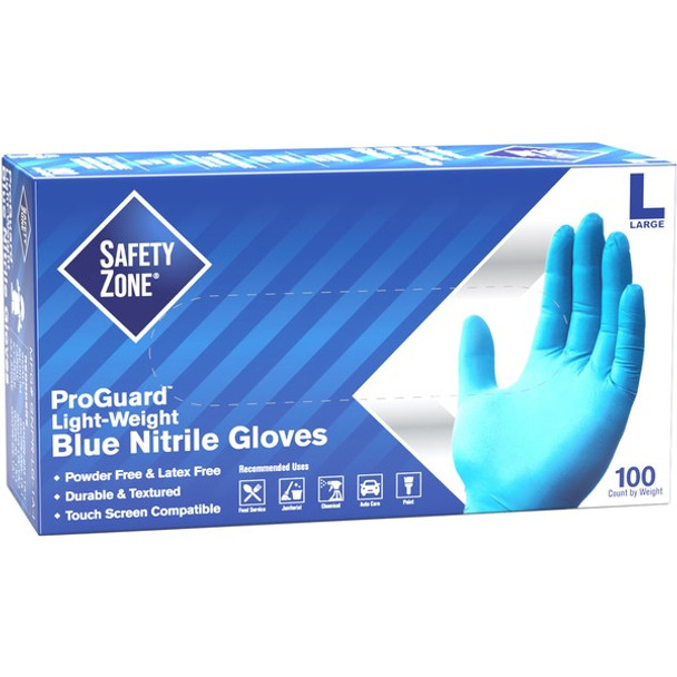 Safety Zone Powder Free Blue Nitrile Gloves - Large Size - Blue - Comfortable, Allergen-free, Silicone-free, Latex-free, Textured - For Cleaning, Dishwashing, Food, Janitorial Use, Painting, Pet Care - 9.65" Glove Length