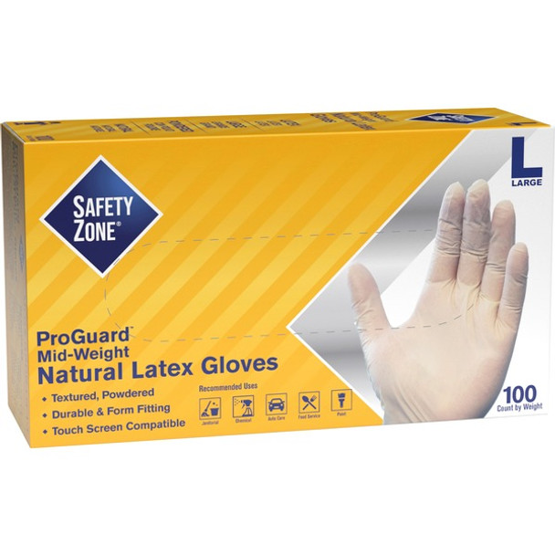 Safety Zone Powdered Natural Latex Gloves - Polymer Coating - Large Size - Natural - Allergen-free, Silicone-free, Powdered - 9.65" Glove Length