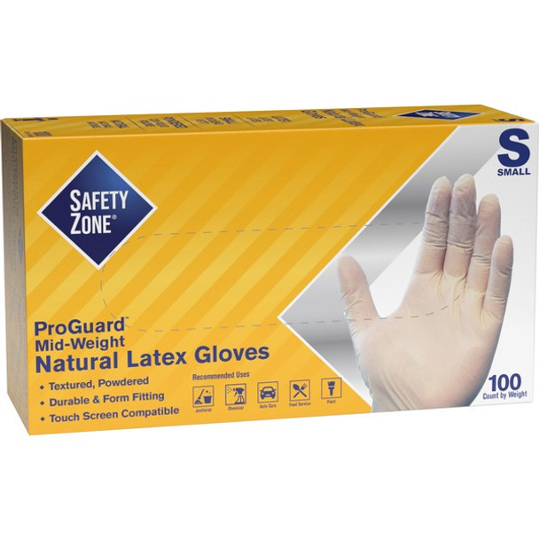 Safety Zone Powdered Natural Latex Gloves - Polymer Coating - Small Size - Natural - Allergen-free, Silicone-free, Powdered - 9.65" Glove Length