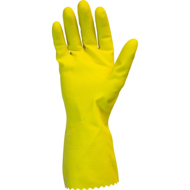 Safety Zone Yellow Flock Lined Latex Gloves - Chemical Protection - Large Size - Yellow - Fish Scale Grip, Flock-lined - For Dishwashing, Cleaning, Meat Processing - 18 mil Thickness - 12" Glove Length