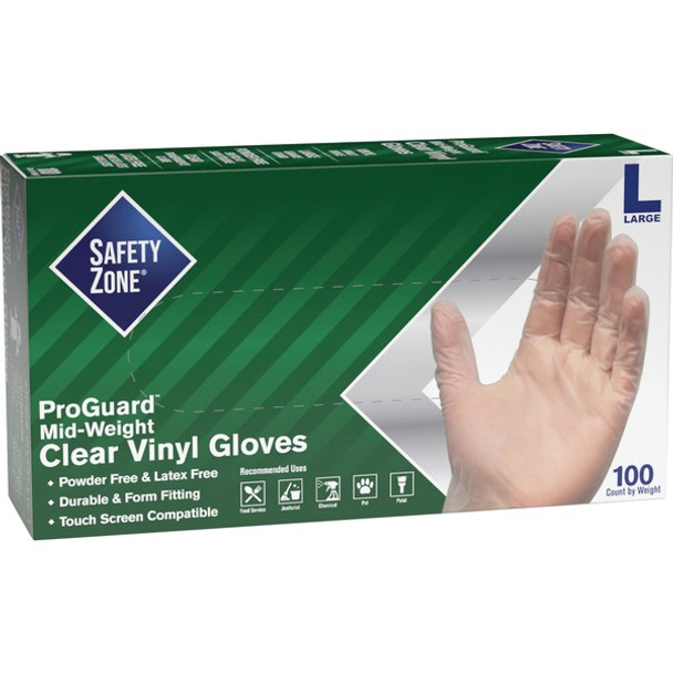 Safety Zone 3 mil General-purpose Vinyl Gloves - Large Size - Clear - Latex-free, Comfortable, Silicone-free, Allergen-free, DINP-free, DEHP-free - For Food, Janitorial Use, Cosmetics, Painting, Cleaning, General Purpose, Pet Care - 100 / Box