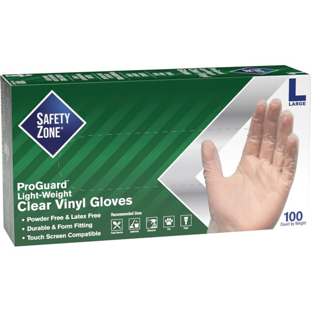 Safety Zone Powder Free Clear Vinyl Gloves - Large Size - Clear - Latex-free, DEHP-free, DINP-free, PFAS-free - For Food Preparation, Cleaning - 1000 / Carton - 9.25" Glove Length