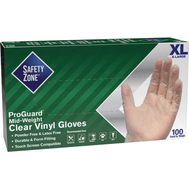 Safety Zone 3 mil General-purpose Vinyl Gloves - X-Large Size - Clear - Latex-free, Comfortable, Silicone-free, Allergen-free, DINP-free, DEHP-free - For Food, Janitorial Use, Cosmetics, Painting, Cleaning, General Purpose, Pet Care - 100 / Box