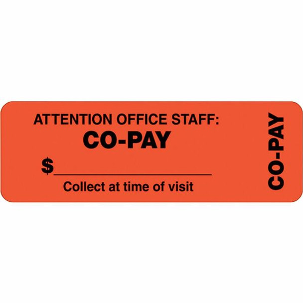 Tabbies CO-PAY Wrap Labels - "Collect at Time of Visit, Attention Office Staff: Co-Pay" - 3" Width x 1" Length - Rectangle - Fluorescent Red Orange - 500 / Roll - 500 / Roll