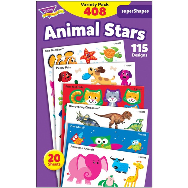 Trend Animal Fun Stickers Variety Pack - Fun, Animal Theme/Subject - Sea Buddies, Owl-Stars, Puppy Pals Shape - Photo-safe, Non-toxic, Acid-free - 8" Height x 4.13" Width x 6.63" Length - Multicolor - 488 / Pack