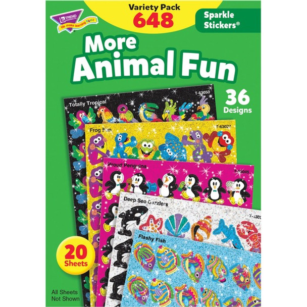Trend Animal Fun Stickers Variety Pack - Animal, Fun Theme/Subject - Frog Fun, Proud Penguin, Deep Sea Dazzler, Flashy Fish, Beaming Bug Shape - Acid-free, Non-toxic, Photo-safe - 8" Height x 4.13" Width x 6" Length - Multicolor - 648 / Pack - 1 Each