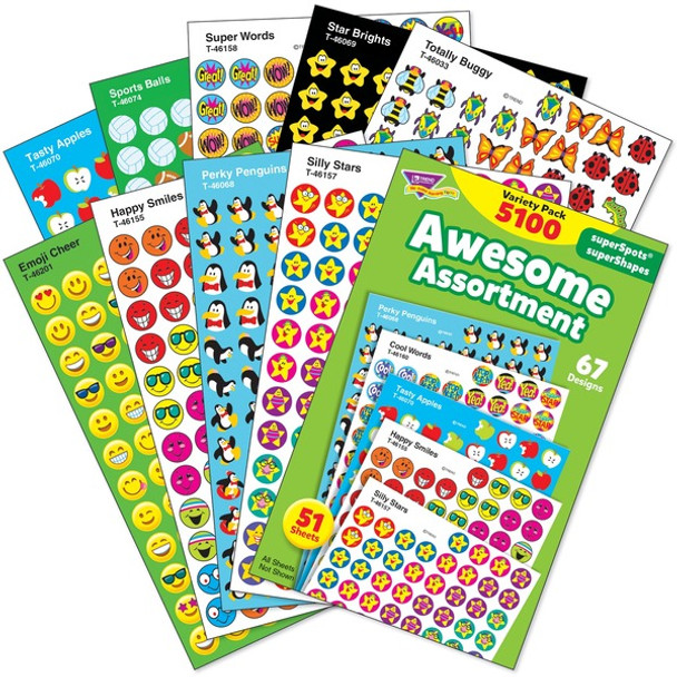 Trend Awesome Assortment Stickers - Varied Shape - Self-adhesive - Assorted - Paper - 5100 / Pack