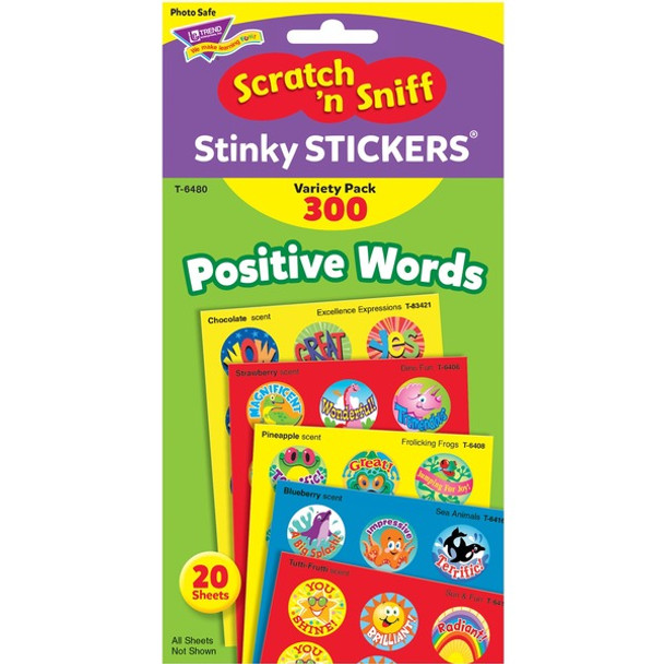 Trend Positive Words Stinky Stickers Variety Pack - Round Shape - Self-adhesive - Acid-free, Non-toxic, Photo-safe, Scented - Assorted, Assorted - Paper - 300 / Pack