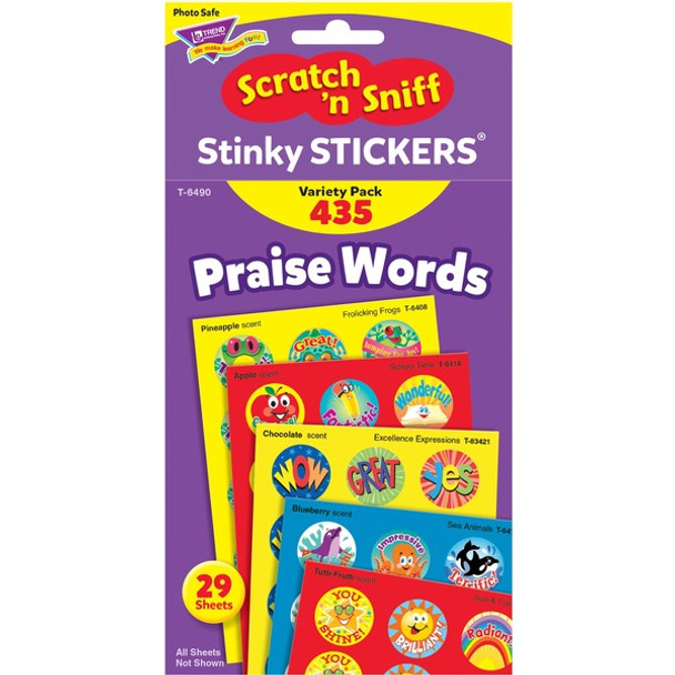 Trend Praise Words Jumbo Stinky Stickers - 432 x Assorted Shape - Self-adhesive - Acid-free, Non-toxic, Photo-safe, Scented - Assorted - Paper - 435 / Pack