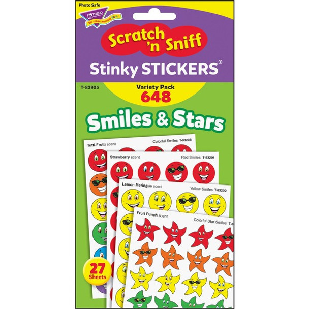 Trend Stinky Stickers Jumbo Variety Pack - Smiles & Stars Shape - Self-adhesive - Acid-free, Non-toxic, Photo-safe, Scented - Assorted - Paper - 648 / Pack
