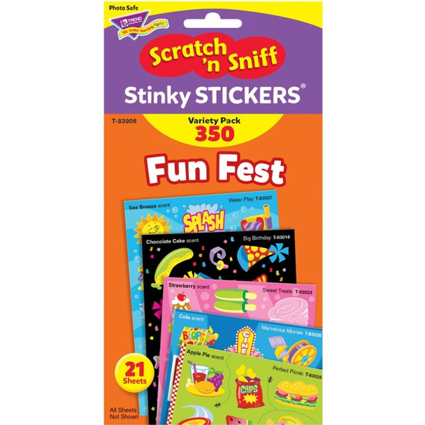 Trend Fun Fest Stinky Stickers Variety Pack - Treat, Birthday, Movie, Picnic, Water Play, School's In Theme/Subject - Scented, Acid-free, Non-toxic - Multicolor - 350 / Pack
