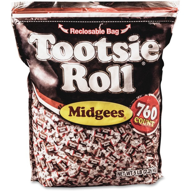 Tootsie Roll Midgees Candy - Assorted - Individually Wrapped, Resealable Container - 5 lb - 1 Bag - 760 Per Bag