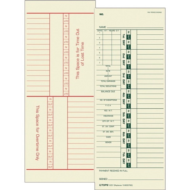 TOPS Numbered Days/Full Payroll Time Cards - Double Sided Sheet - 3.50" x 9" Sheet Size - Yellow - Manila Sheet(s) - Green, Red Print Color - 500 / Box