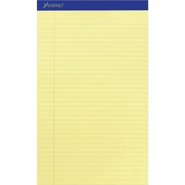Ampad Writing Pad - 50 Sheets - Stapled - 0.34" Ruled - 15 lb Basis Weight - Legal - 8 1/2" x 14" - Canary Yellow Paper - Dark Blue Binding - Perforated, Sturdy Back, Chipboard Backing, Tear Resistant - 1 Dozen