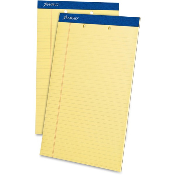 Ampad Writing Pad - 50 Sheets - Stapled - 0.34" Ruled - 2 Hole(s) - 15 lb Basis Weight - Legal - 8 1/2" x 14" - Canary Yellow Paper - Dark Blue Binding - Perforated, Sturdy Back, Chipboard Backing, Tear Resistant - 1 Dozen