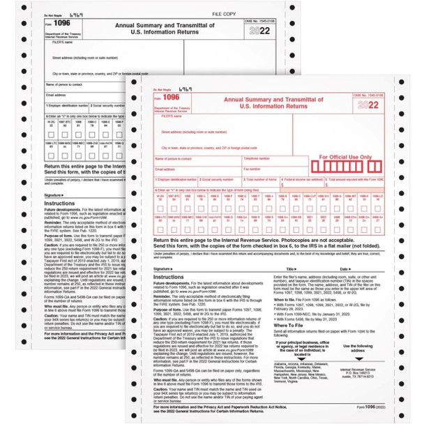 TOPS 1096 Tax Form - 2 PartCarbonless Copy - 8.50" x 11" Sheet Size - White - White Sheet(s) - 10 / Pack