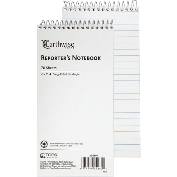 Ampad Earthwise Reporter's Notebook - 70 Sheets - Wire Bound - Front Ruling Surface - 0.34" Ruled - 15 lb Basis Weight - 4" x 8" - White Paper - WireLock, Chipboard Backing, Micro Perforated, Easy Tear, Snag Resistant - Recycled - 1 Each