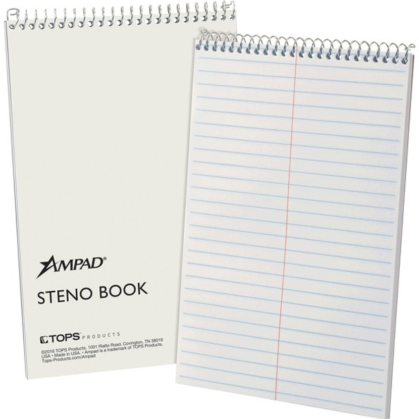 Ampad Kraft Cover Steno Book - 70 Sheets - Wire Bound - 0.34" Ruled - Gregg Ruled Margin - 15 lb Basis Weight - 6" x 9" - White Paper - Kraft Cover - Chipboard Backing, Sturdy Cover - 1 Each