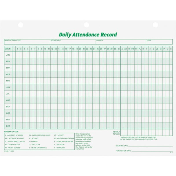 TOPS Daily Employee Attendance Record Form - 50 Sheet(s) - 11" x 8.50" Sheet Size - 3 x Holes - White - White Sheet(s) - Green Print Color - 1 / Pack