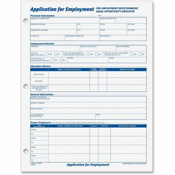 TOPS Employment Application Forms - 50 Sheet(s) - Gummed - 8.50" x 11" Sheet Size - White - White Sheet(s) - Black Print Color - 2 / Pack