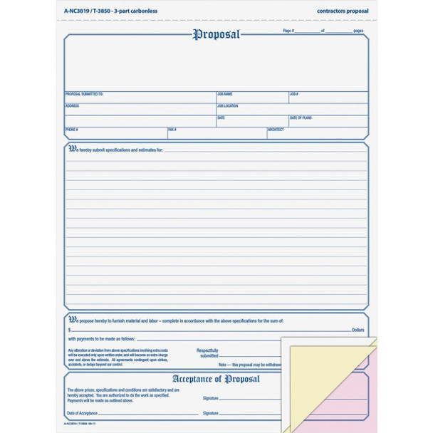 TOPS In Triplicate Proposal Form - 3 PartCarbonless Copy - 8.50" x 11" Sheet Size - White, Canary, Pink - Blue Print Color - 50 / Pack