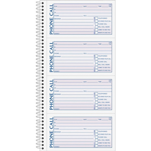 TOPS Carbonless Phone Message Book - Double Sided Sheet - Spiral Bound - 2 PartCarbonless Copy - 5.50" x 11" Sheet Size - White - Assorted Sheet(s) - Blue, Red Print Color - 1 Each