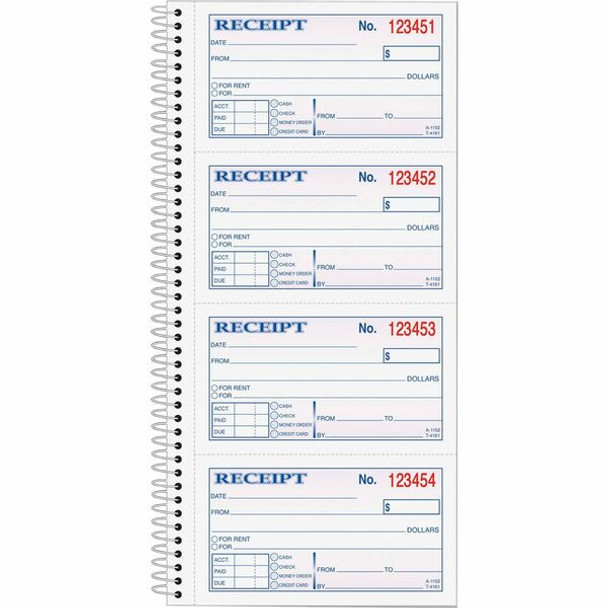 TOPS Carbonless 2-part Money Receipt Book - 200 Sheet(s) - Wire Bound - 2 PartCarbonless Copy - 5.50" x 11" Sheet Size - Canary, White - Blue, Red Print Color - 1 Each
