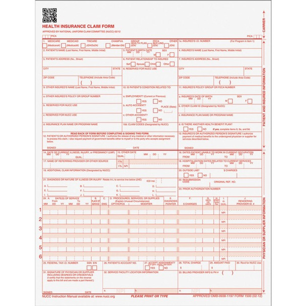 TOPS CMS-1500 Laser Printer Forms - 20 lb - 1 Part - 8.50" x 11" Form Size - White - Red Print Color - Paper - 500 / Pack