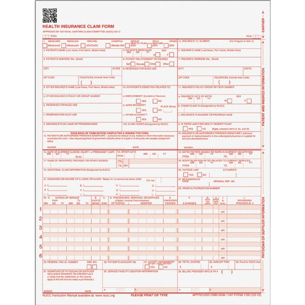 TOPS CMS-15000 Health Insurance Claim Forms - 20 lb - 11" x 8.50" Sheet Size - White Sheet(s) - Red Print Color - 250 / Pack