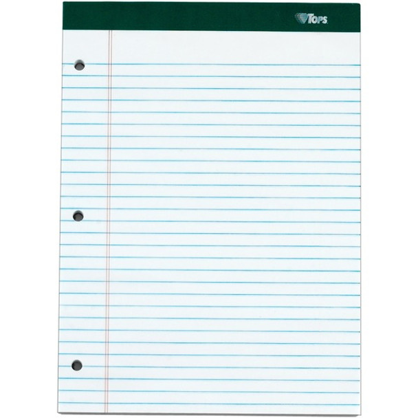 TOPS Docket 3-hole Punched Legal Ruled Legal Pads - 100 Sheets - Double Stitched - 0.34" Ruled - 16 lb Basis Weight - 8 1/2" x 11 3/4" - White Paper - Marble Green Binding - Perforated, Hard Cover, Resist Bleed-through - 6 / Pack