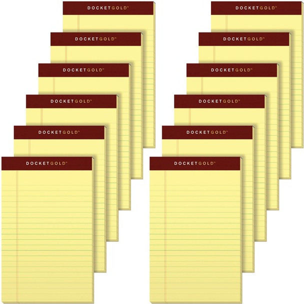 TOPS Docket Gold Jr. Legal Ruled Canary Legal Pads - Jr.Legal - 50 Sheets - 0.28" Ruled - 20 lb Basis Weight - Jr.Legal - 5" x 8" - Canary Paper - Burgundy Binding - Hard Cover, Perforated, Heavyweight - 12 / Pack