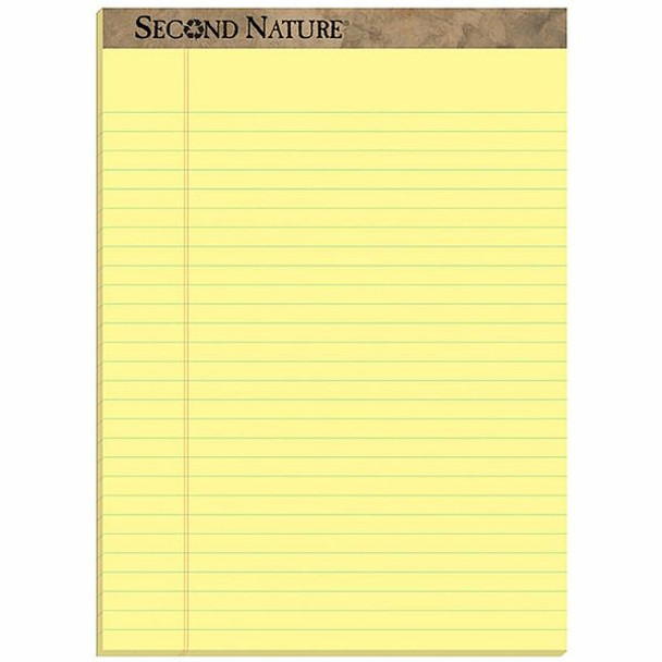TOPS Second Nature Ruled Canary Writing Pads - 50 Sheets - 0.34" Ruled - Red Margin - 15 lb Basis Weight - 8 1/2" x 11 3/4" - Canary Paper - Perforated, Resist Bleed-through, Easy Tear - Recycled - 1 Dozen