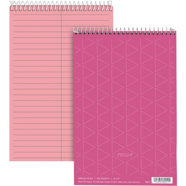 TOPS Prism Steno Books - 80 Sheets - Wire Bound - Gregg Ruled Margin - 6" x 9" - Pink Paper - Perforated, Stiff-back, WireLock - 4 / Pack