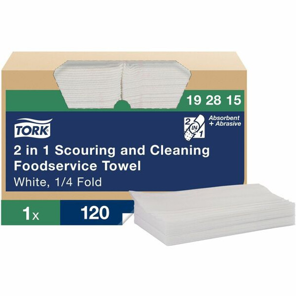 Tork 2-in-1 Scouring/Cleaning Foodservice Towels - 1 Ply - 13" x 21" - White - Cleaning, Abrasive, Absorbent, Non-scratching, Reusable, Soft, Flexible, Strong, Durable, Tear Resistant - For Food Service - 120 / Carton