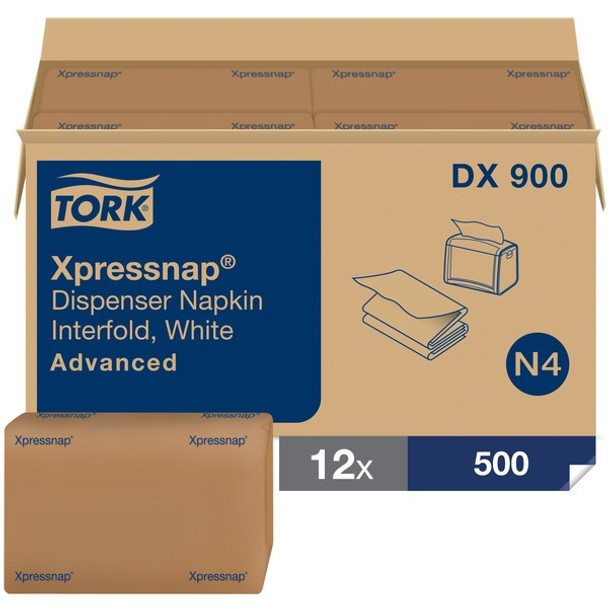 Tork Xpressnap&reg; White Dispenser Napkin N4 - Tork Xpressnap&reg; White Dispenser Napkin N4, Advanced, Interfold 1-ply, 12 x 500 napkins, 13" x 8.5" , DX900