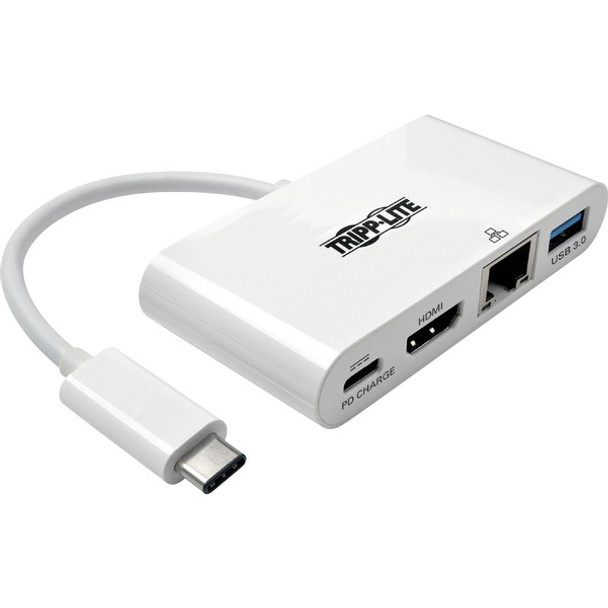 Tripp Lite by Eaton USB-C Multiport Adapter - HDMI USB 3.x (5Gbps) Hub Port Gigabit Ethernet 60W PD Charging HDCP White - for Notebook/Tablet PC/Desktop PC - USB Type C - 2 x USB Ports - 2 x USB 3.0 - Network (RJ-45) - HDMI - Wired