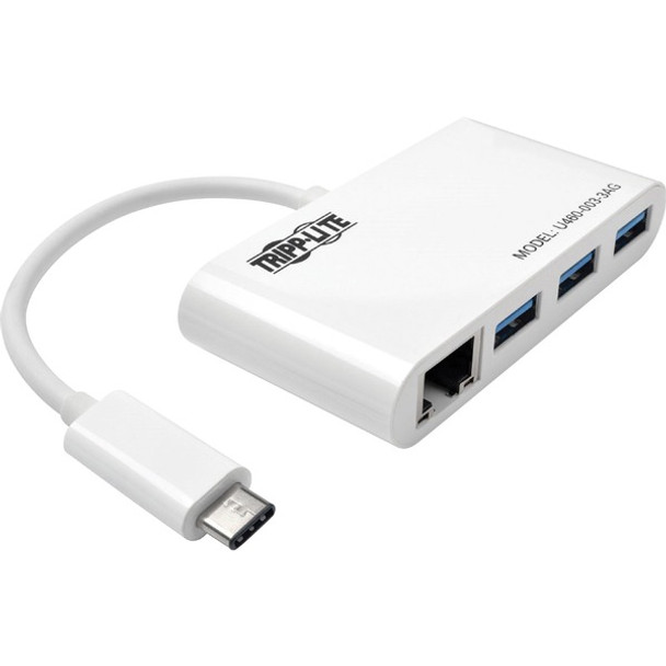Tripp Lite by Eaton 3-Port USB 3.x (5Gbps) Hub with LAN Port USB-C to 3x USB-A Ports and Gigabit Ethernet White - USB Type C - External - 3 USB Port(s) - 1 Network (RJ-45) Port(s) - 3 USB 3.1 Port(s)