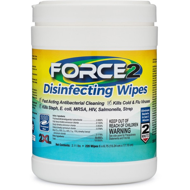 2XL FORCE2 Disinfecting Wipes - 6.75" Length x 6" Width - 220 / Tub - 1 Each - White