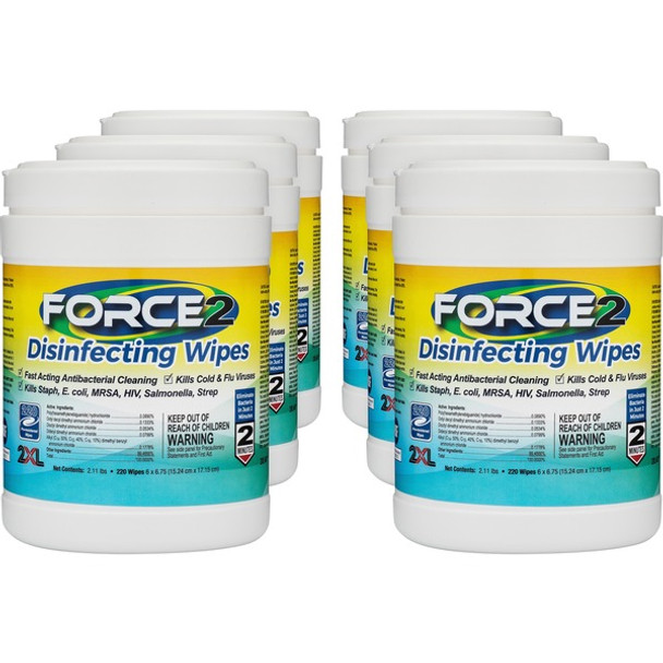 2XL FORCE2 Disinfecting Wipes - 6.75" Length x 6" Width - 220 / Tub - 6 / Carton - White