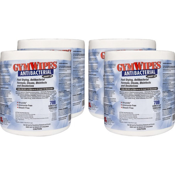 2XL GymWipes Antibacterial Towelettes Bucket Refill - For Multi Surface - 700 / Bag - 4 / Carton - Phenol-free, Hygienic, Anti-bacterial, Disinfectant, Disposable, Bleach-free, Alcohol-free, Disposable, Absorbent - White