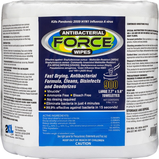 2XL Antibacterial Force Wipes Bucket Refill - 6" x 8" - White - Anti-bacterial, Absorbent, Disposable, Disinfectant, Hygienic, Soft, Durable, Non-irritating, Non-toxic, Non-abrasive - 900 Per Bag - 1 Each