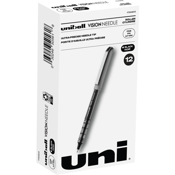 uniball&trade; Vision Needle Rollerball Pens - Fine Pen Point - 0.7 mm Pen Point Size - Black Liquid Ink - Silver Barrel - 1 Dozen