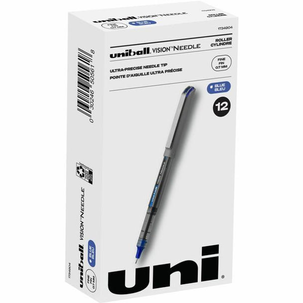 uniball&trade; Vision Needle Rollerball Pens - Fine Pen Point - 0.7 mm Pen Point Size - Blue Liquid Ink - 1 Dozen