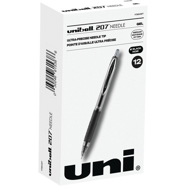 uniball&trade; 207 Needle Gel Pens - Medium Pen Point - 0.7 mm Pen Point Size - Needle Pen Point Style - Retractable - Black - Black Barrel - 1 Dozen