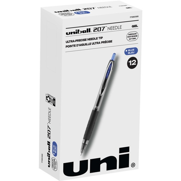 uniball&trade; 207 Needle Gel Pens - Medium Pen Point - 0.7 mm Pen Point Size - Needle Pen Point Style - Retractable - Blue - Blue Barrel - 1 Dozen