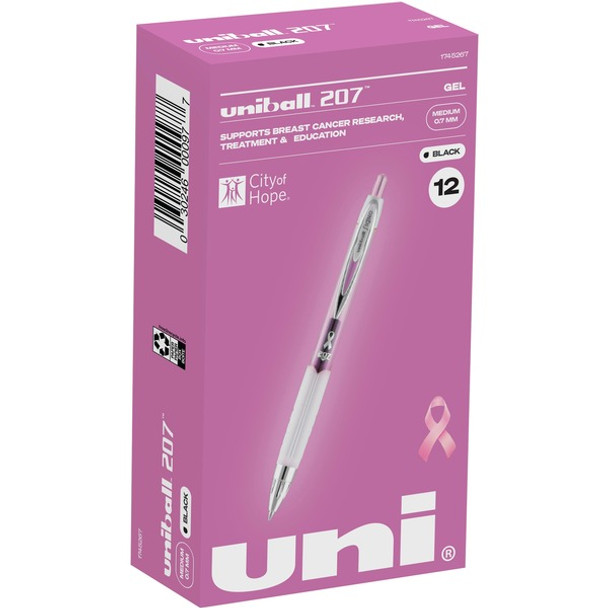 uniball&trade; 207 Pink Ribbon Gel Pens - 0.7 mm Pen Point Size - Refillable - Retractable - Black Gel-based Ink - Pink, Black Barrel - 12 / Box